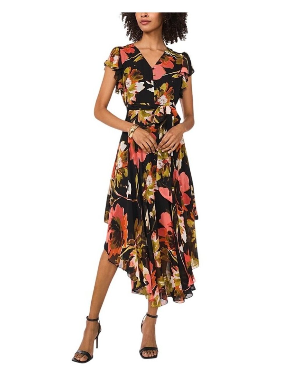 NWOT Vince Camuto Black Floral Flutter Sleeve Maxi Dress Tie Waist M MSRP $109